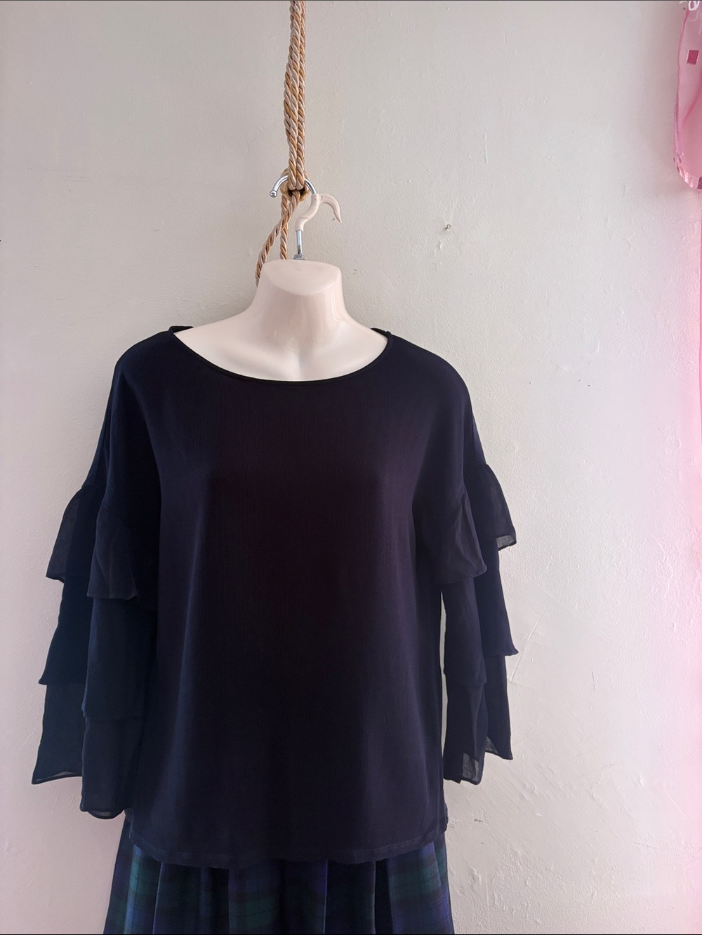Women's Black Ruffle Sleeve Blouse - Layered Sleeve Top